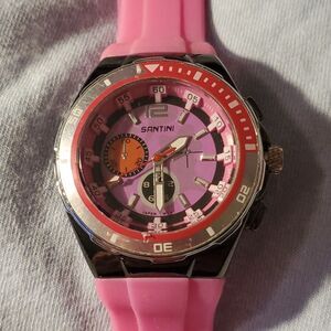 NEW Large Faced Santini Watch Bright Pink Face & Silicone Band Rotating‎ Bezel